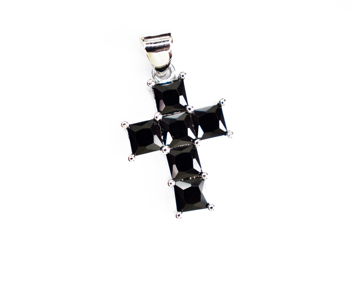 Подвеска Крестик с черными  фианитами цвет серебро 20*14 мм